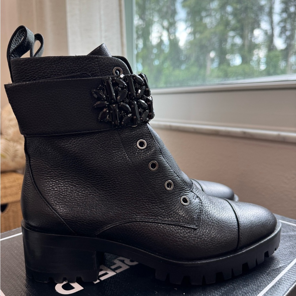 Karl Lagerfeld Black Combat Boots with Embellished Strap